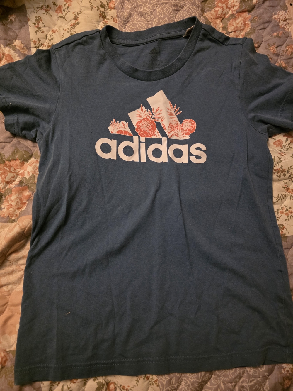 Adidas Blue Tee with Floral Trefoil Logo